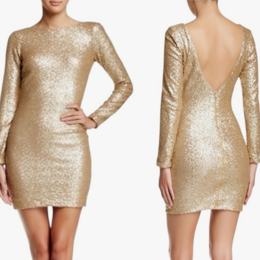 Dress The Population Gold Sequin Long Sleeve Kelly Dress